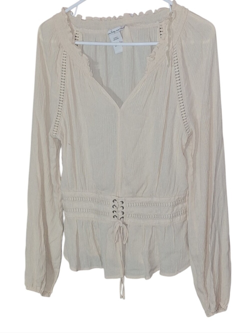 Y2K Gauze Peasant Blouse Corset Lace Up Boho Cream Top Size L Bohemian Fairycore